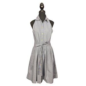 Michael Kors Halter Midi Dress Blue White Striped Size 8 Tie Waist Button Front